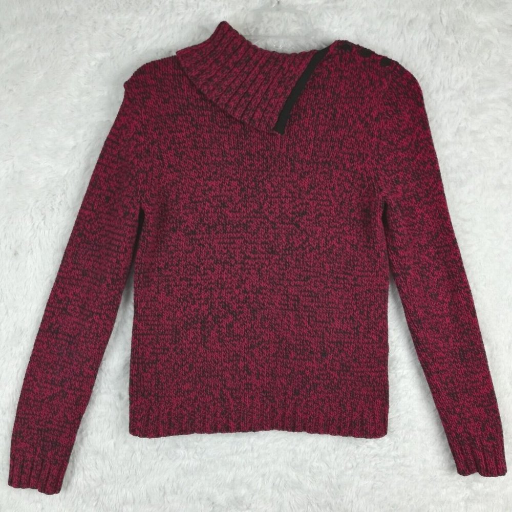 Chaps Womens Sweater Asymmetrical Neck Knit Red Black Long Sleeve Pullover S